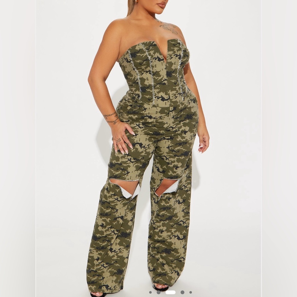 Fashion Nova Green Camo Strapless Jumpsuit